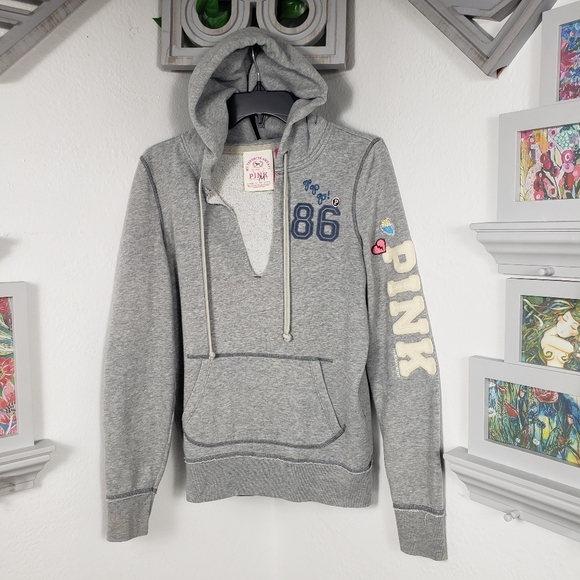 PINK Victoria's Secret Tops - PINK Victoria Secret Gray Hoodie /Kangaroo Pockets Streetwear Grunge Vintage M